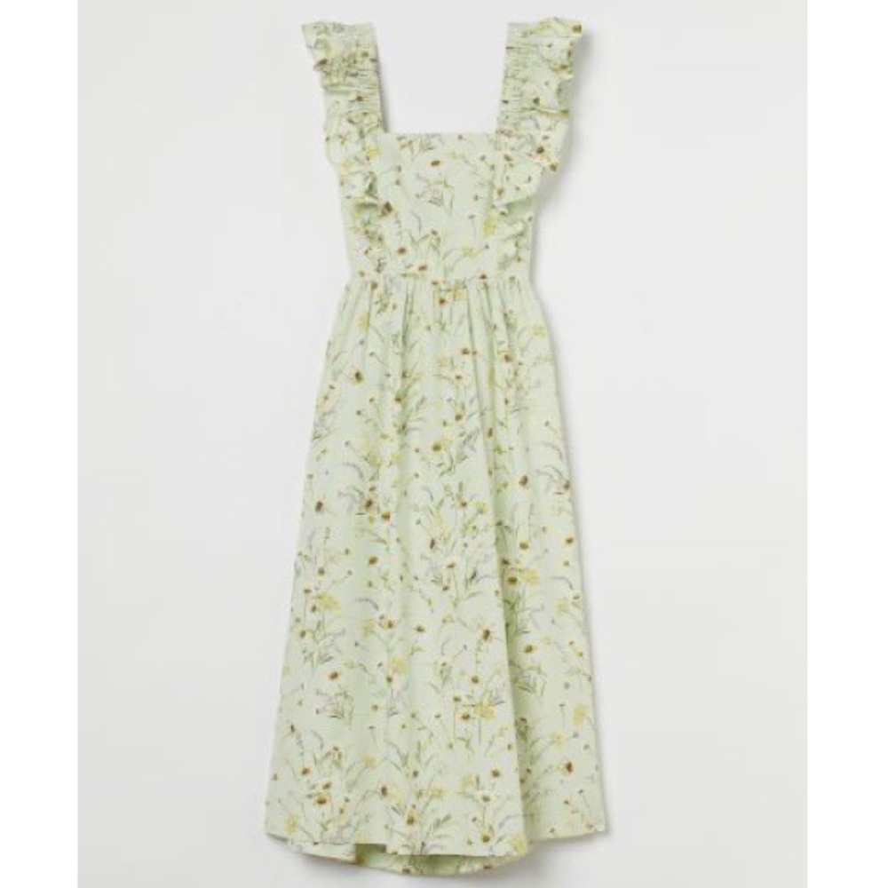 H&M Light Green Floral Midi Dress with Ruffle Straps